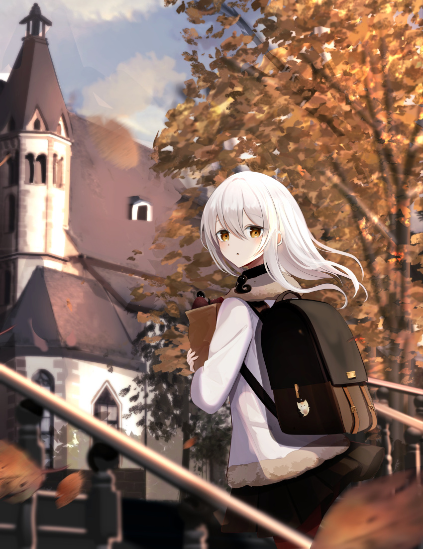 1girl absurdres autumn autumn_leaves backpack bag black_bag black_skirt blurry blurry_foreground blush building clouds cloudy_sky commentary_request falling_leaves floating_clothes floating_hair fur_collar fur_trim hair_between_eyes highres holding holding_bag jacket leaf long_hair looking_at_viewer looking_back original outdoors pantyhose parted_lips pleated_skirt red_pantyhose skirt sky solo stairs standing straight_hair tokiwa_sylbe tree white_hair white_jacket wind yellow_eyes