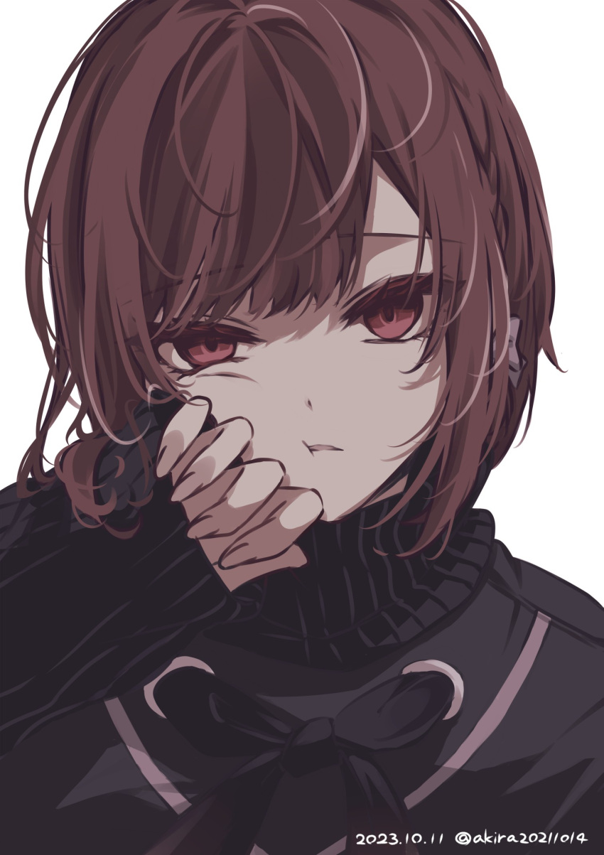 1girl akira20211014 black_sweater brown_eyes brown_hair dated highres long_sleeves looking_at_viewer parted_lips portrait project_sekai shinonome_ena short_hair sleeves_past_wrists solo sweater twitter_username white_background
