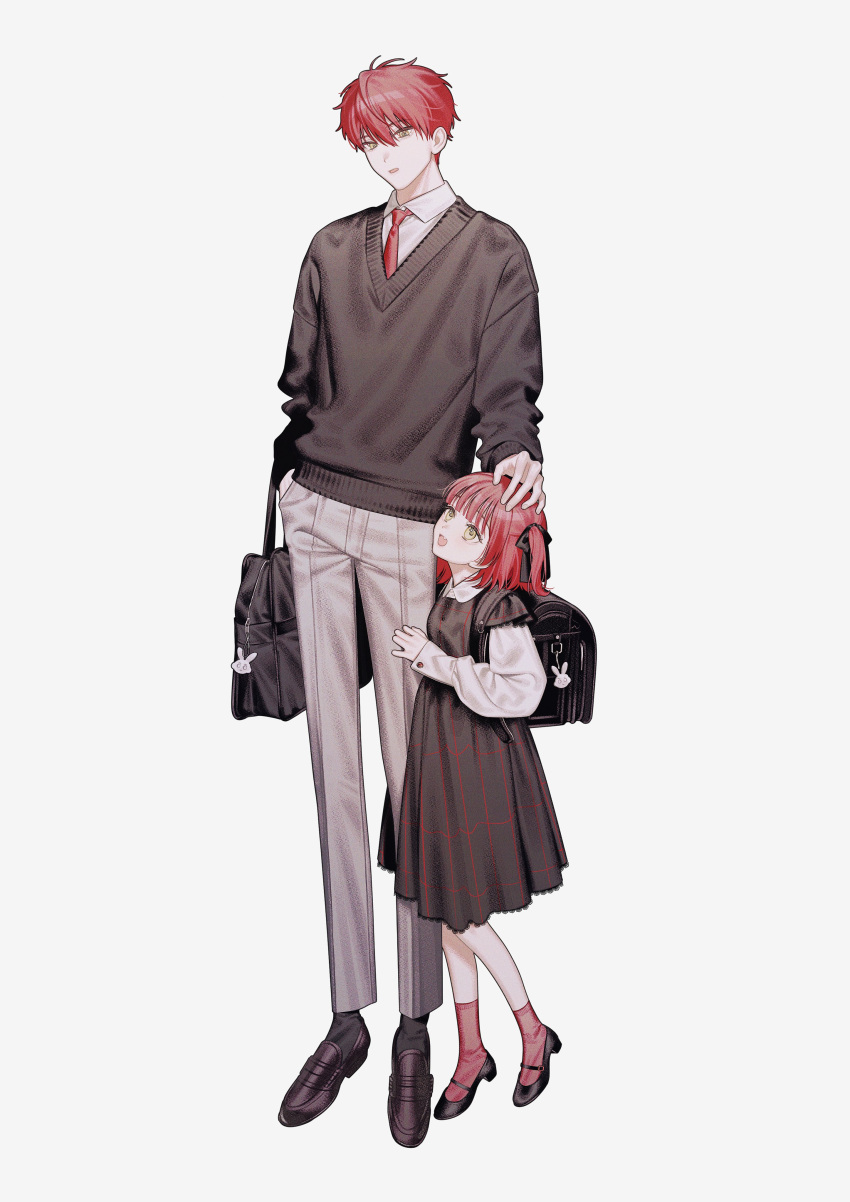 1boy 1girl absurdres age_difference backpack bag black_bag black_dress black_footwear black_ribbon black_sweater charm_(object) collared_shirt commission dress full_body grey_pants hair_ribbon hand_on_another's_head highres loafers mary_janes nanoka_san necktie one_side_up open_mouth original pants parted_lips randoseru red_necktie redhead ribbon school_bag shirt shoes simple_background smile sweater white_background white_shirt yellow_eyes