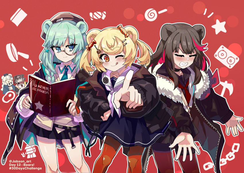 5girls :d ;q ^_^ animal_ears arknights bear_ears beret black_dress black_hair black_jacket black_sailor_collar black_serafuku black_shirt black_skirt blonde_hair blue_eyes blue_hair blue_jacket blush book braid brown_headwear brown_jacket candy_hair_ornament candy_wrapper chibi chibi_inset clenched_teeth closed_eyes closed_mouth commentary_request doctor_(arknights) dress feet_out_of_frame food-themed_hair_ornament fur-trimmed_jacket fur_trim grey_hair gummy_(arknights) hair_ornament hair_over_shoulder hairclip hat highres holding holding_book istina_(arknights) jacket jitome leto_(arknights) lollipop_hair_ornament long_sleeves looking_at_viewer multicolored_hair multiple_girls neckerchief nose_blush one_eye_closed open_book open_clothes open_jacket pantyhose pink_hair pleated_skirt pointing pointing_at_viewer puffy_long_sleeves puffy_sleeves red_background red_eyes red_pantyhose redhead rosa_(arknights) russian_text sailor_collar sailor_dress school_uniform serafuku shirt single_braid skirt sleepyowl_(jobkung15) smile standing streaked_hair teeth tongue tongue_out twintails v-shaped_eyebrows white_dress white_jacket white_neckerchief white_sailor_collar white_shirt zima_(arknights)