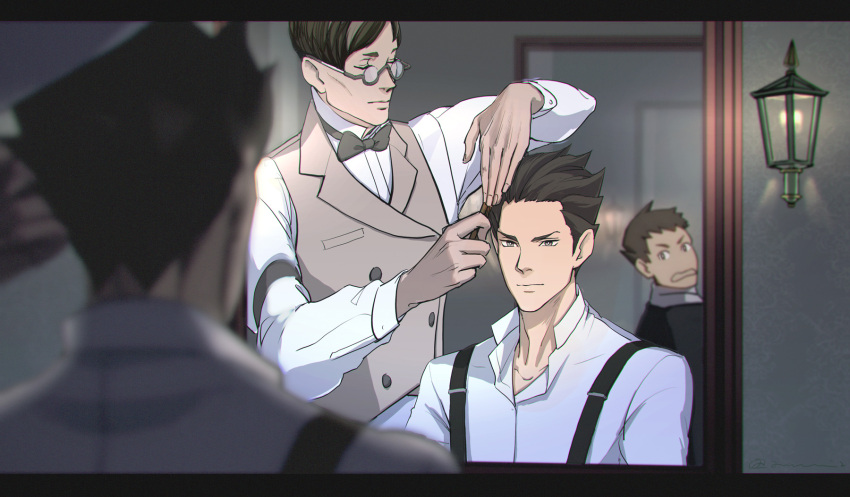 3boys ace_attorney ayu161 black_hair blurry blurry_foreground bow bowtie brown_hair brown_vest brushing_another's_hair brushing_hair closed_mouth collared_shirt glasses grey_bow grey_bowtie grey_hair hair_brush hairdressing highres holding holding_hair_brush kazuma_asogi lamp letterboxed long_sleeves looking_at_another looking_at_mirror looking_back male_focus mirror multicolored_hair multiple_boys open_mouth ryunosuke_naruhodo satoru_hosonaga shirt short_hair streaked_hair suspenders the_great_ace_attorney upper_body vest white_shirt