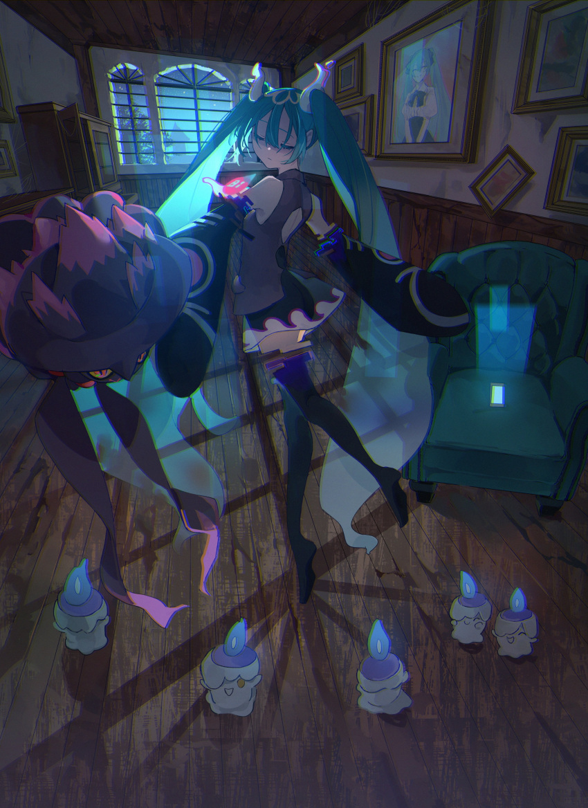 absurdres an_d_01 aqua_hair back_cutout bare_shoulders black_thighhighs chair closed_eyes clothing_cutout detached_sleeves fire floating ghost ghost_miku_(project_voltage) glitch gradient_hair hair_between_eyes hatsune_miku highres litwick long_hair mismagius multicolored_hair night pokemon pokemon_(creature) portrait project_voltage see-through see-through_skirt skirt sleeves_past_fingers sleeves_past_wrists thigh-highs twintails very_long_hair vocaloid will-o'-the-wisp_(mythology) window