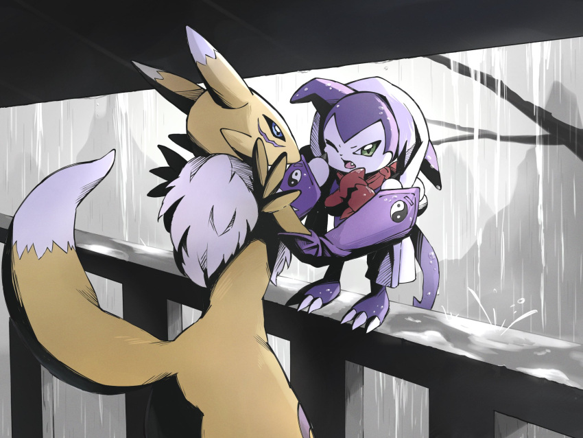2others black_sclera blue_eyes colored_sclera digimon digimon_(creature) drying gloves highres holding holding_towel impmon multiple_others nagoshi no_humans on_railing one_eye_closed open_mouth railing rain red_gloves red_scarf renamon scarf tail towel towel_on_head white_towel yin_yang