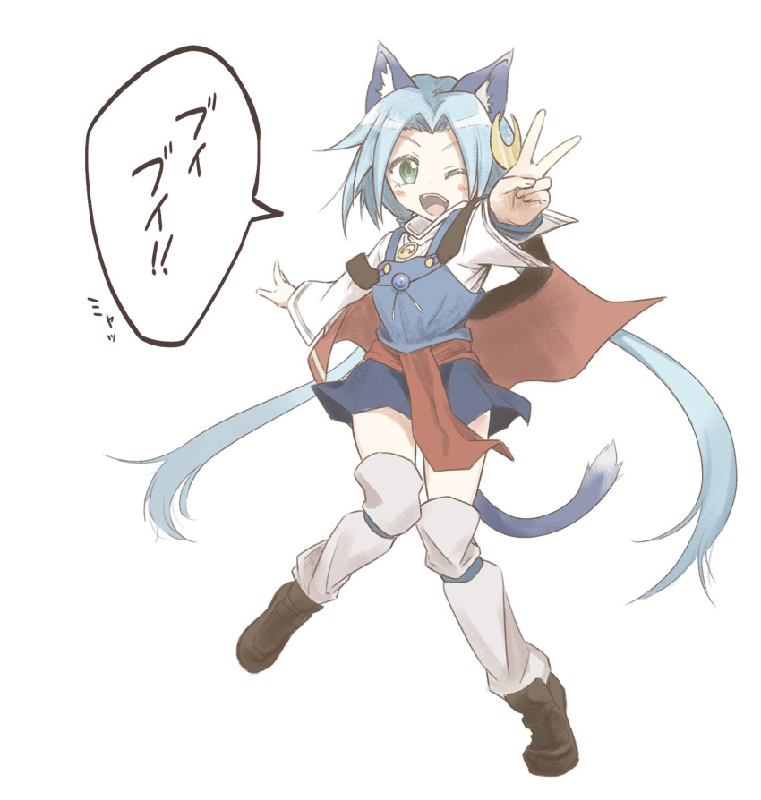 1girl animal_ears blue_hair cape cat_ears cat_tail cosplay crescent crescent_hair_ornament full_body green_eyes hair_ornament highres kakko_madoka long_hair looking_at_viewer low_twintails meracle_chamlotte one_eye_closed open_mouth pointy_ears red_cape rena_lanford simple_background skirt smile solo star_ocean star_ocean_the_last_hope star_ocean_the_second_story tail thigh-highs twintails v white_background
