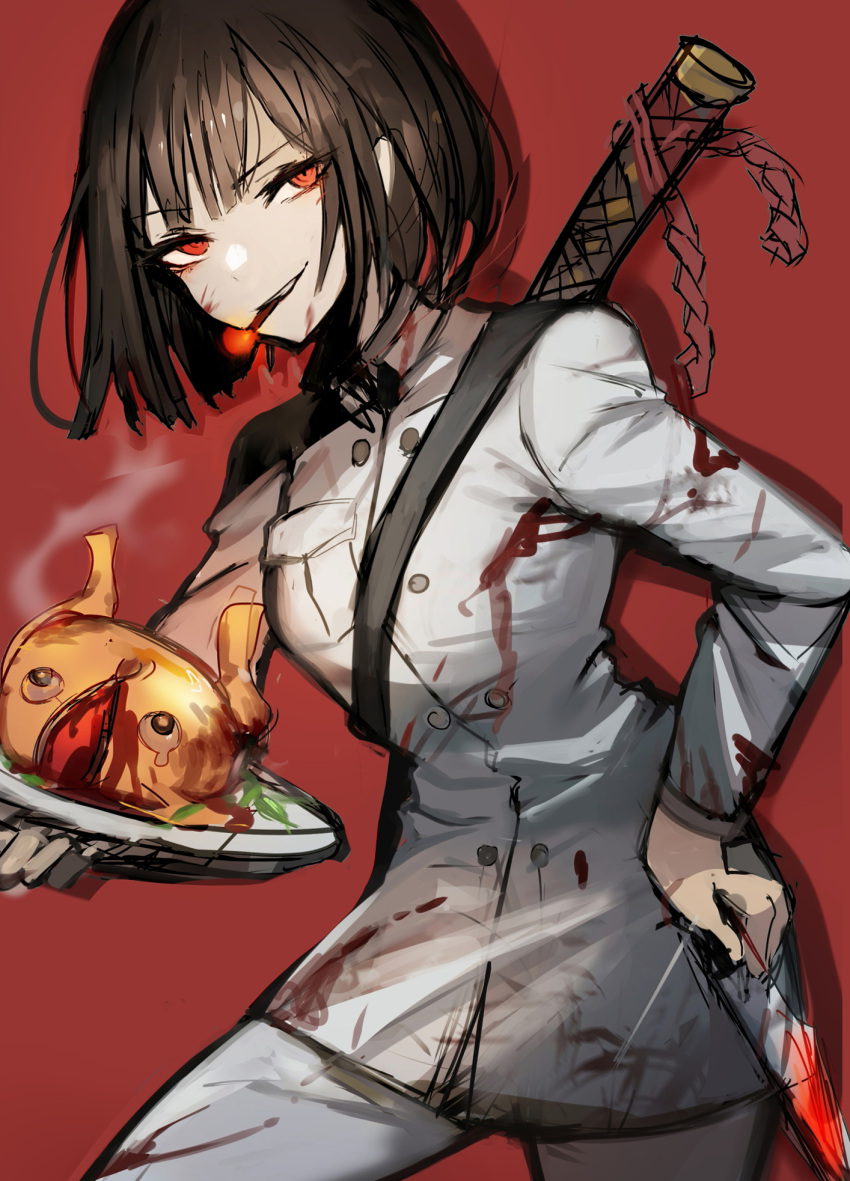 1girl black_hair blood blood_on_clothes bongy_(limbus_company) buttons chef chicken_(food) chuhaibane cigarette food highres holding holding_plate jacket katana limbus_company long_sleeves looking_at_viewer pants parted_lips plate project_moon red_background red_eyes ryoshu_(limbus_company) sheath sheathed short_hair simple_background smile solo sword weapon white_jacket white_pants