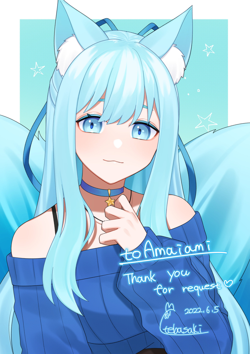 1girl absurdres amaiami_(vtuber) animal_ear_fluff animal_ears artist_name bare_shoulders blue_background blue_choker blue_eyes blue_hair blue_ribbon blue_sweater blue_tail blue_theme character_name choker closed_mouth commentary_request commission dated eyebrows_hidden_by_hair fox_ears fox_girl fox_tail hair_ribbon hand_on_own_chest hand_up heart highres indie_virtual_youtuber light_smile long_hair long_sleeves looking_at_viewer multiple_tails off-shoulder_sweater off_shoulder polka_dot polka_dot_background polka_dot_choker polka_dot_ribbon polka_dot_sweater puffy_long_sleeves puffy_sleeves ribbed_sweater ribbon sidelocks signature skeb_commission solo star_(symbol) star_choker sweater tail tebamaru thank_you upper_body virtual_youtuber wavy_mouth white_background
