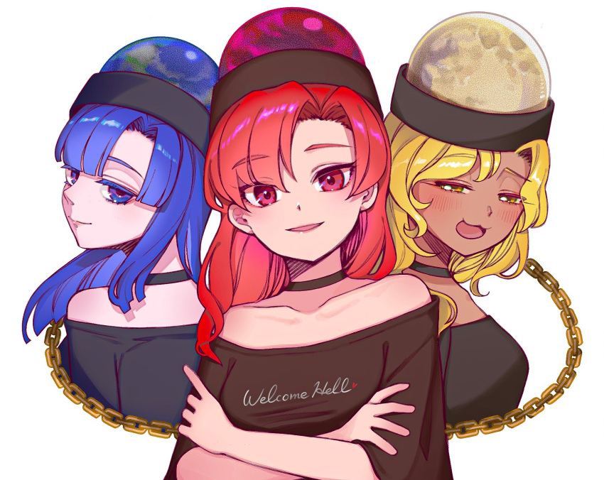 3girls back bare_shoulders black_choker black_headwear black_shirt blonde_hair blue_eyes blue_hair blush breasts brown_headwear brown_shirt chain choker closed_mouth clothes_writing collarbone crossed_arms earth_(ornament) eyelashes eyeshadow from_behind gold_chain hair_between_eyes half-closed_eyes heart heart_print hecatia_lapislazuli hecatia_lapislazuli_(earth) hecatia_lapislazuli_(moon) highres long_hair looking_at_viewer looking_back makeup medium_breasts medium_hair moon_(ornament) multiple_girls multiple_persona off-shoulder_shirt off_shoulder open_mouth pink_eyes pink_eyeshadow polos_crown red_eyeshadow redhead satsuki_mei_(17maymay14) shirt short_sleeves simple_background smile t-shirt tan tongue touhou underworld_(ornament) upper_body white_background yellow_eyes