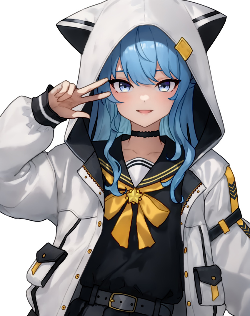 1girl animal_hood arm_at_side belt black_choker black_sailor_collar black_serafuku black_shirt black_skirt blue_eyes blue_hair bluefield bow bowtie cat_hood choker commentary_request grey_belt hand_up highres hololive hood hood_up hooded_jacket hoshimachi_suisei hoshimachi_suisei_(school_uniform) jacket light_blush long_hair long_sleeves looking_at_viewer official_alternate_costume open_clothes open_jacket parted_lips puffy_long_sleeves puffy_sleeves sailor_collar school_uniform serafuku shirt simple_background skirt smile solo star_(symbol) star_in_eye symbol_in_eye upper_body virtual_youtuber w white_background white_jacket yellow_bow yellow_bowtie