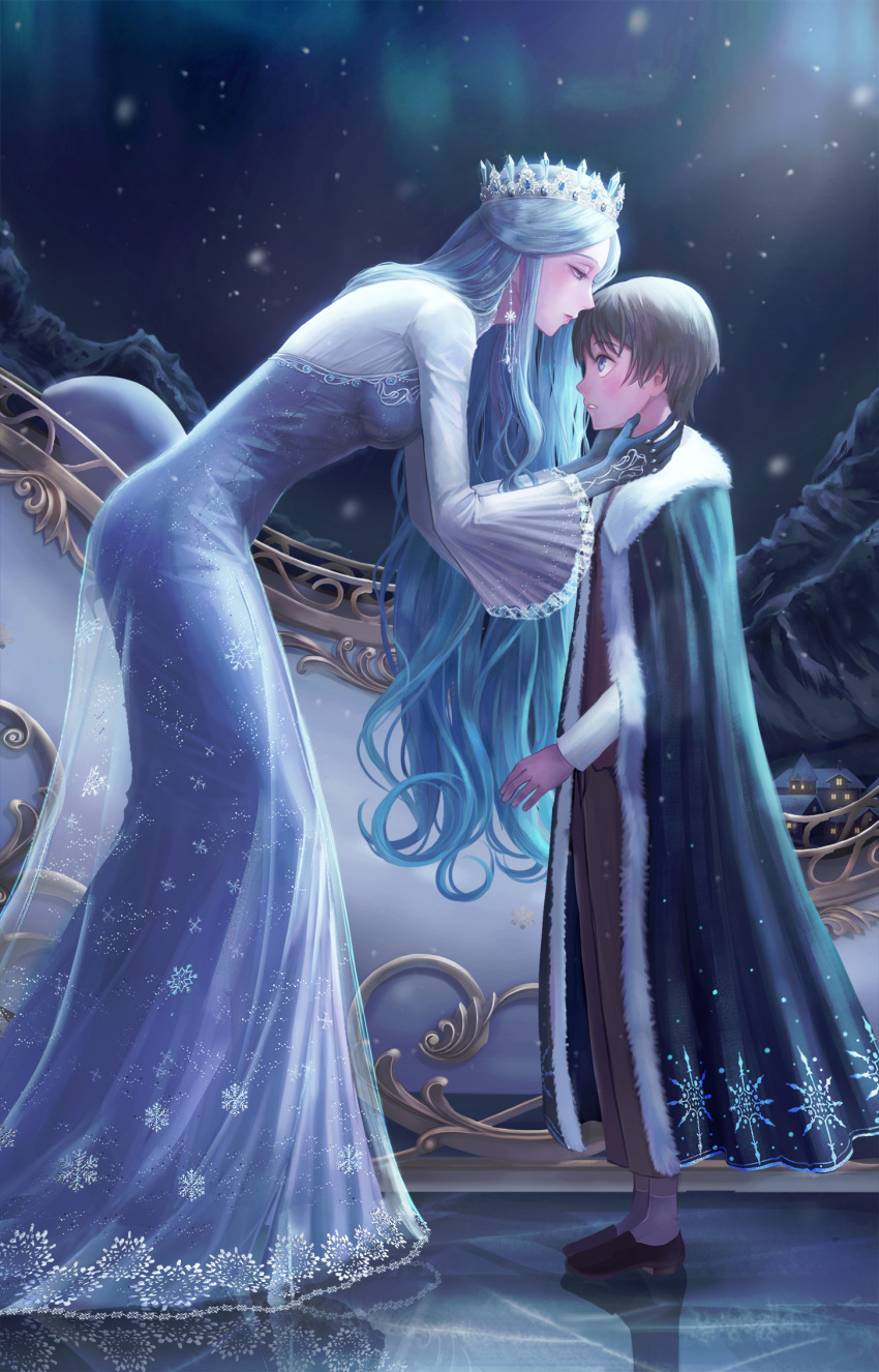 1boy 1girl aurora black_footwear black_gloves building cloak craple crown dress gloves highres ice imminent_kiss leaning_forward night original outdoors profile reflection see-through sled snowing socks standing white_socks winter