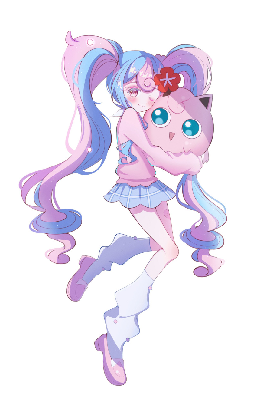 1girl absurdres blue_eyes blue_hair blue_skirt blush closed_mouth colored_eyelashes curly_hair fairy_miku_(project_voltage) flower full_body hair_flower hair_ornament hatsune_miku highres holding holding_pokemon hug jigglypuff loafers long_hair long_sleeves loose_socks meuleuleu miniskirt multicolored_hair one_eye_closed pink_eyes pink_footwear pink_hair pink_sweater plaid plaid_skirt pokemon pokemon_(creature) project_voltage red_flower shoes sidelocks simple_background skirt smile socks sweater twintails two-tone_hair very_long_hair vocaloid white_background white_socks