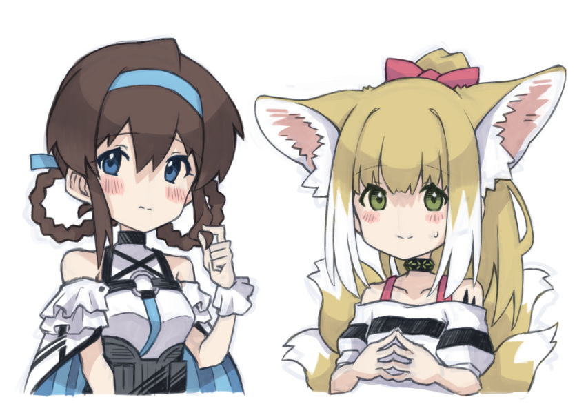 2girls alternate_hairstyle animal_ear_fluff animal_ears arknights bare_shoulders black_collar blonde_hair blue_eyes blue_hairband blush braid braided_hair_rings brown_hair closed_mouth collar collarbone colored_tips commentary_request cosplay costume_switch dress fox_ears fox_girl fox_tail frilled_sleeves frills green_eyes hair_rings hairband hairstyle_switch highres idolmaster idolmaster_million_live! kitsune kyuubi long_hair looking_at_viewer multicolored_hair multiple_girls multiple_tails oripathy_lesion_(arknights) partial_commentary satake_minako semi_colon short_hair short_sleeves simple_background single_wrist_cuff steepled_fingers suzuran_(arknights) tail twin_braids upper_body white_background white_hair wrist_cuffs