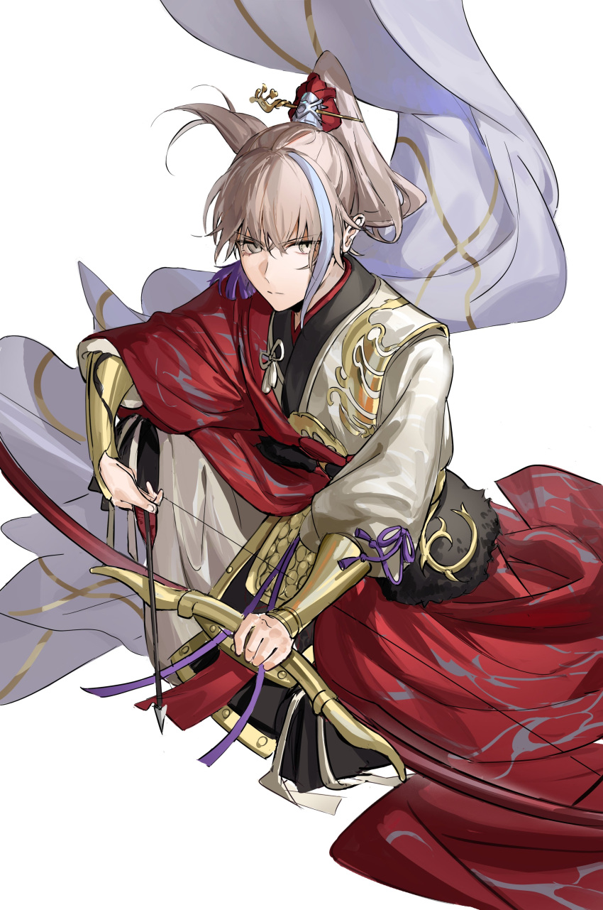 absurdres archer_(fate/samurai_remnant) arrow_(projectile) bow_(weapon) chinese_clothes commentary_request fate/samurai_remnant fate_(series) grey_eyes grey_hair hair_ornament hairpin hanfu high_ponytail highres holding holding_bow_(weapon) holding_weapon male_focus multicolored_hair ponytail solo streaked_hair vambraces weapon yoru_yoru13