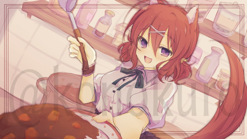 1girl :d ahoge amairo_islenauts animal_ears black_ribbon blush breasts commentary_request curry curry_rice double-parted_bangs dutch_angle food foreshortening hair_between_eyes hair_ornament holding holding_ladle holding_tray incoming_food indoors konoquro ladle looking_at_viewer masaki_gaillard medium_breasts medium_hair neck_ribbon open_mouth puffy_short_sleeves puffy_sleeves red_tail redhead ribbon rice shirt short_sleeves smile solo tail tail_raised tray twitter_username upper_body violet_eyes white_shirt wolf_ears wolf_girl wolf_tail x_hair_ornament