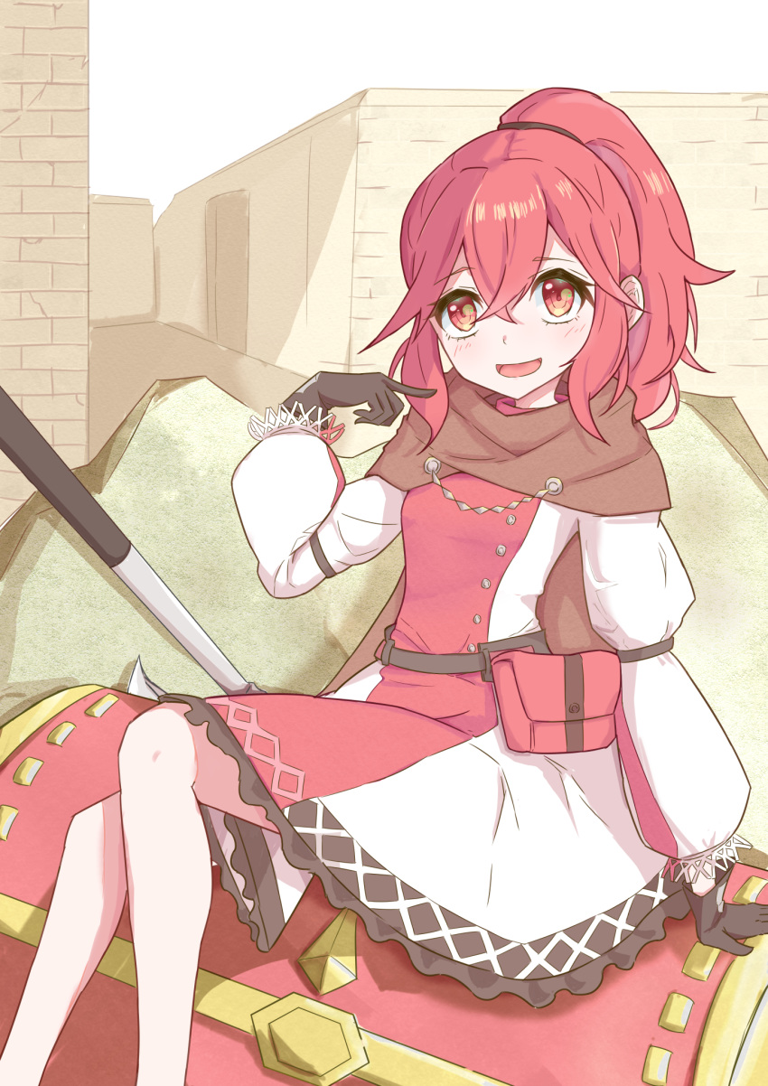 1girl :d anna_(fire_emblem) brown_gloves cape crossed_bangs dress fire_emblem fire_emblem_engage gloves hair_between_eyes highres kazami_doriru long_hair long_sleeves looking_at_viewer open_mouth pointing pointing_at_self ponytail puffy_sleeves red_dress red_eyes redhead sitting smile solo treasure_chest two-tone_dress white_dress