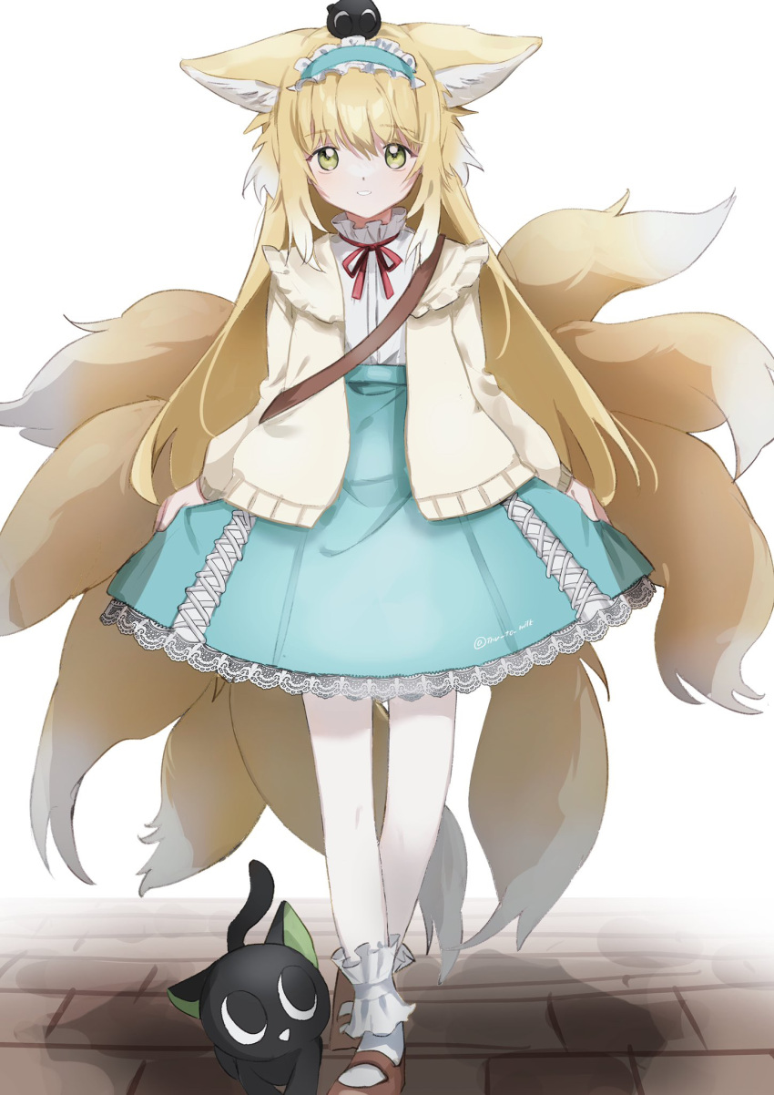 1girl animal_ears arknights black_cat blonde_hair blue_hairband blue_skirt bobby_socks brown_footwear cardigan cat commentary_request creature_on_head cross-laced_clothes cross-laced_skirt cross-laced_slit crossover fox_ears fox_girl fox_tail frilled_hairband frills green_eyes hairband heixiu high-waist_skirt highres inu_to_milk kitsune kyuubi long_hair long_sleeves luo_xiaohei luo_xiaohei_zhanji mary_janes multiple_tails neck_ribbon official_alternate_costume open_cardigan open_clothes parted_lips puffy_long_sleeves puffy_sleeves red_ribbon ribbon shirt shoes simple_background skirt smile socks standing straight-on suzuran_(arknights) suzuran_(spring_praise)_(arknights) tail white_background white_shirt white_socks yellow_cardigan