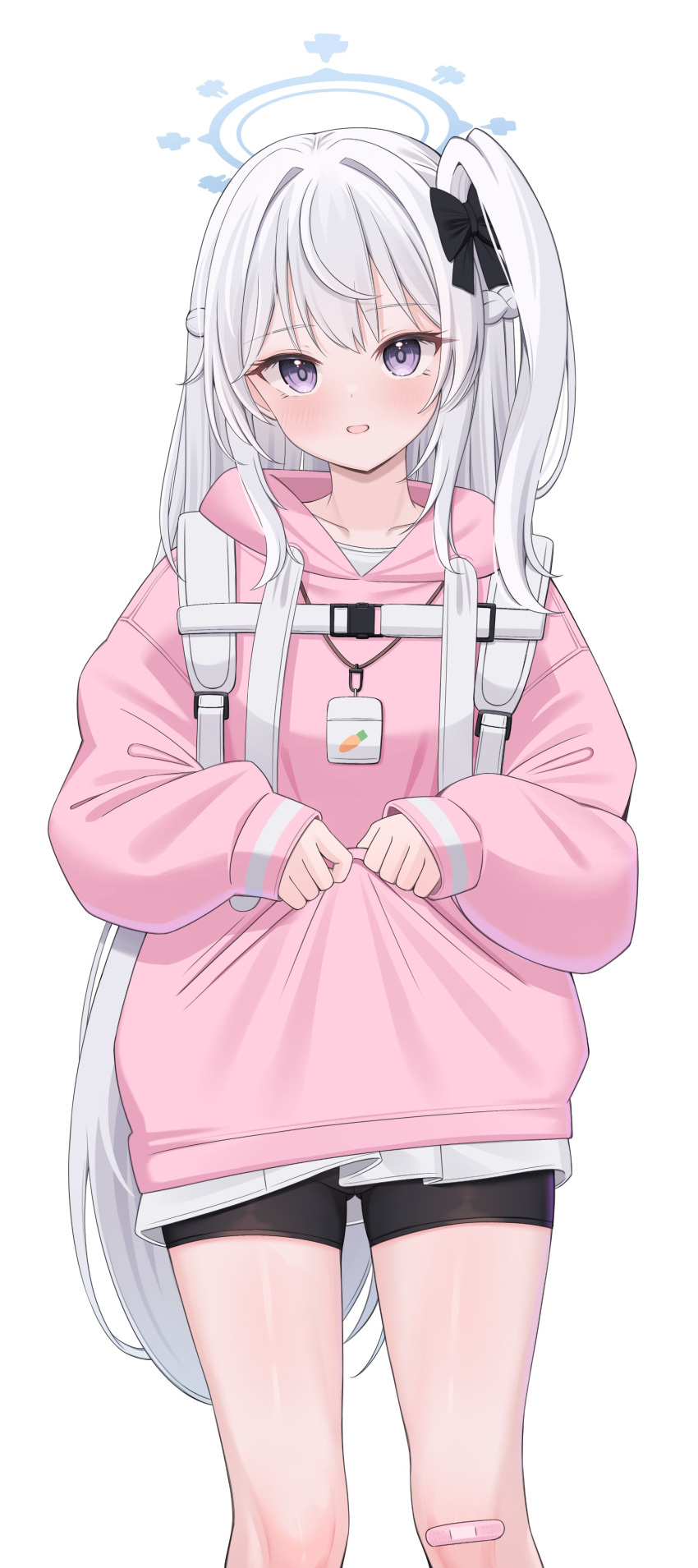 1girl absurdres bandaid bandaid_on_knee bandaid_on_leg bike_shorts black_shorts blue_archive blue_halo blush feet_out_of_frame grey_hair hair_between_eyes halo highres hiyayo25 hood hoodie long_hair long_sleeves looking_at_viewer miyako_(blue_archive) one_side_up open_mouth pink_hoodie shorts simple_background solo violet_eyes white_background