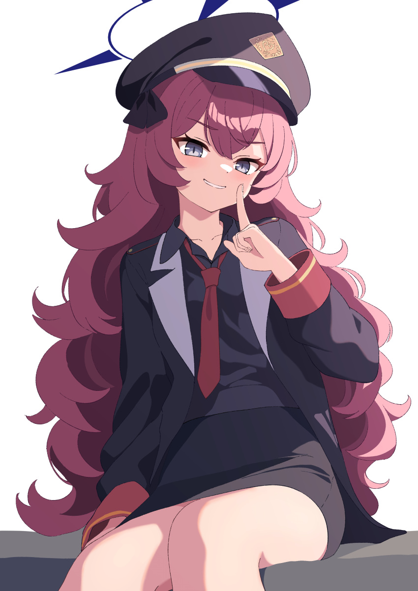 1girl absurdres black_coat black_headwear black_shirt black_skirt blue_archive blue_halo coat collarbone collared_shirt grey_eyes halo hat highres index_finger_raised iroha_(blue_archive) long_hair long_sleeves looking_at_viewer necktie open_clothes open_coat peaked_cap pogeepoge red_necktie redhead shirt simple_background sitting skirt solo white_background