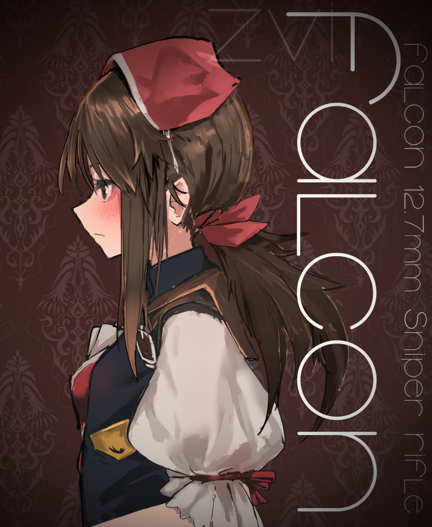 1girl akitaka_takaaki black_jacket blush breasts brown_eyes brown_hair closed_mouth commentary commentary_request english_text falcon_(girls'_frontline) from_side girls_frontline head_scarf highres jacket long_hair medium_breasts ponytail puffy_short_sleeves puffy_sleeves red_headwear short_sleeves sleeveless sleeveless_jacket solo upper_body