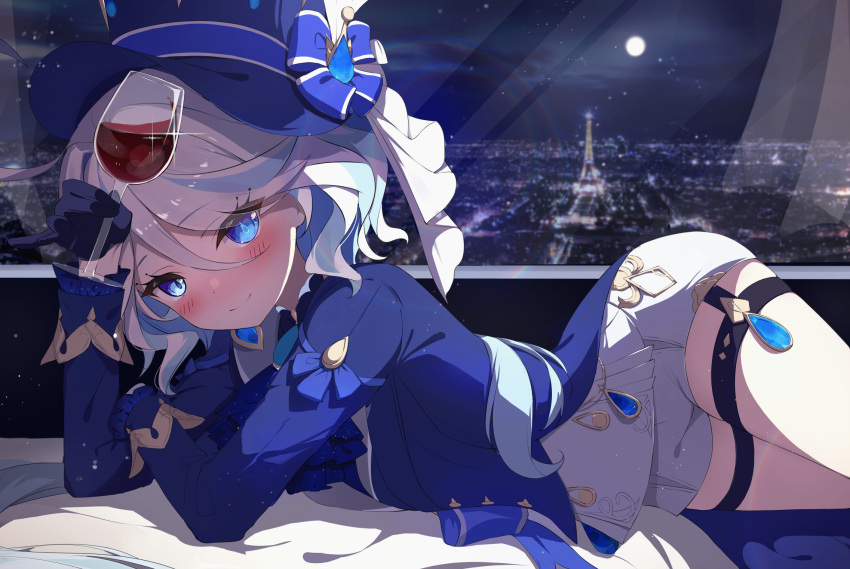 1girl ahoge arm_support bitseon black_gloves blue_eyes blue_hair blue_headwear blush city_lights cityscape cup drinking_glass drop-shaped_pupils eiffel_tower furina_(genshin_impact) genshin_impact gloves hair_between_eyes hat heterochromia highres indoors kodona light_blue_hair lolita_fashion looking_at_viewer lying mismatched_pupils moon multicolored_hair night night_sky on_side pinky_out real_world_location short_hair shorts sky smile solo top_hat white_hair window wine_glass