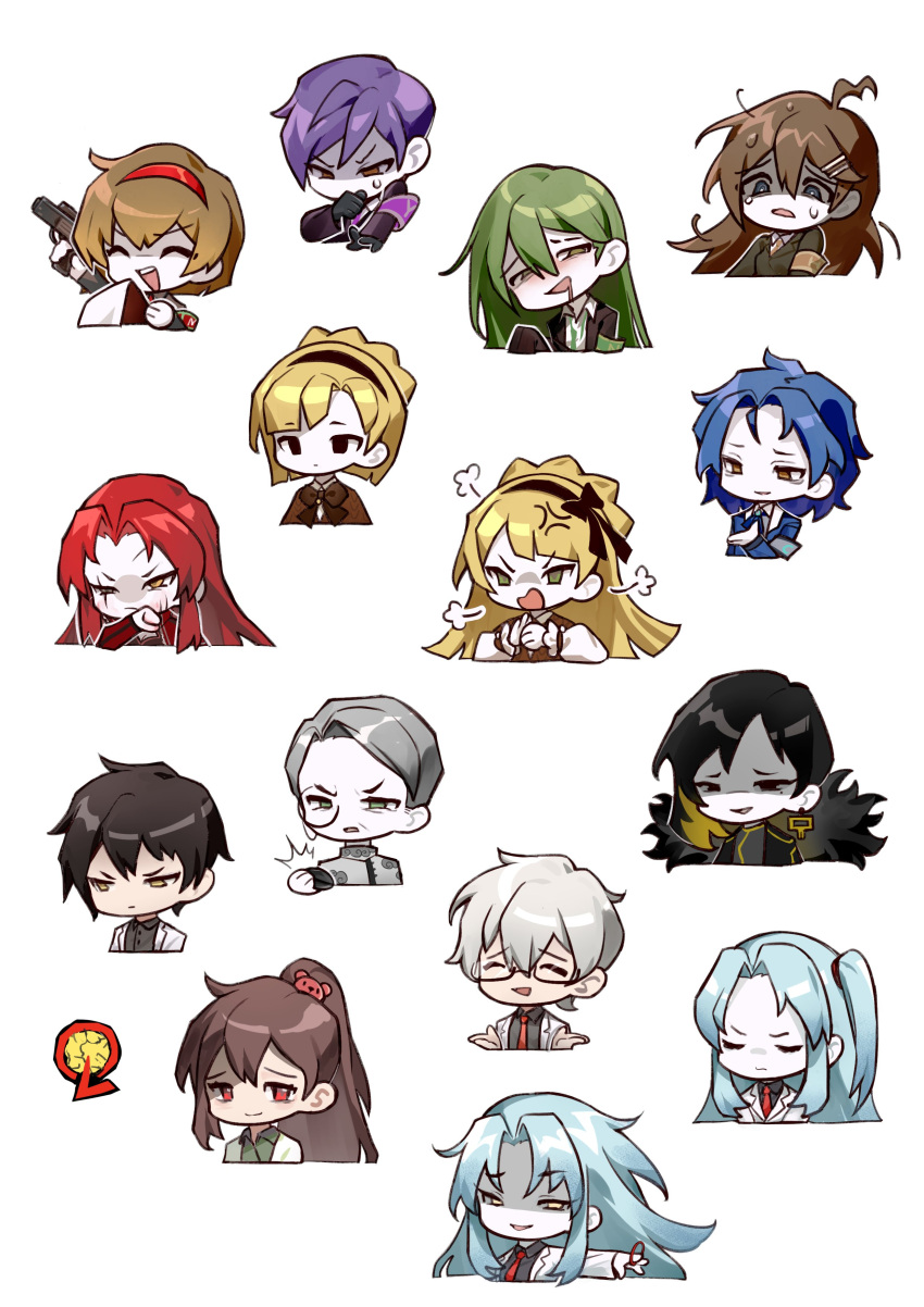 6+boys 6+girls absurdres ahoge angela_(project_moon) as-zero ayin_(project_moon) benjamin_(project_moon) binah_(project_moon) black_hair blonde_hair blue_hair brown_hair carmen_(project_moon) chesed_(project_moon) dual_persona gebura_(project_moon) green_hair grey_hair hairband high_ponytail highres hod_(project_moon) hokma_(project_moon) lobotomy_corporation lobotomy_corporation_logo long_hair malkuth_(project_moon) multiple_boys multiple_girls netzach_(project_moon) one_side_up parted_bangs portrait project_moon purple_hair red_hairband shaded_face short_hair sidelocks simple_background sweat tiphereth_a_(project_moon) tiphereth_b_(project_moon) very_long_hair white_background white_hair yellow_eyes yesod_(project_moon)