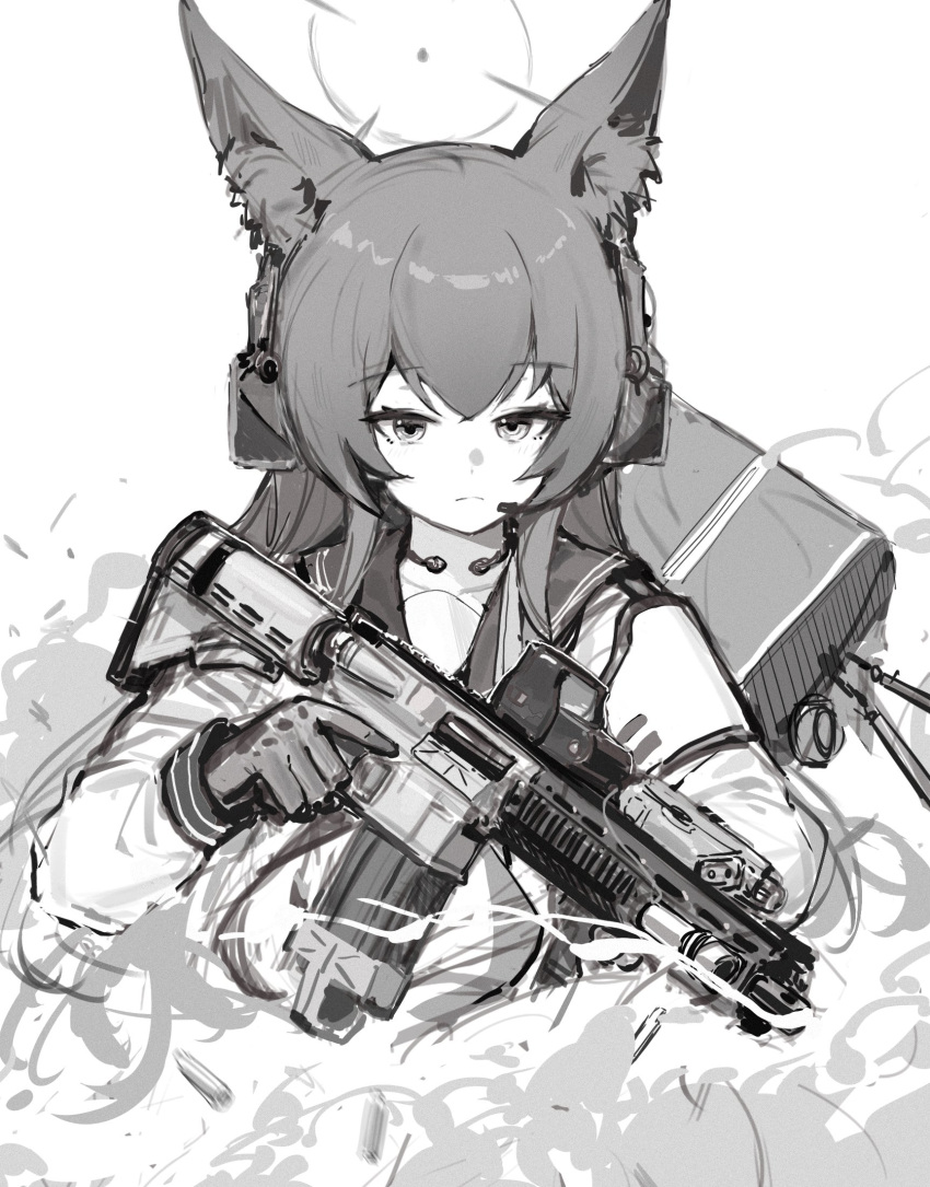 1girl animal_ears blue_archive countryman_(artist) fox_ears gloves greyscale gun highres holding holding_gun holding_weapon long_hair long_sleeves monochrome simple_background sketch solo upper_body weapon white_background yukino_(blue_archive)