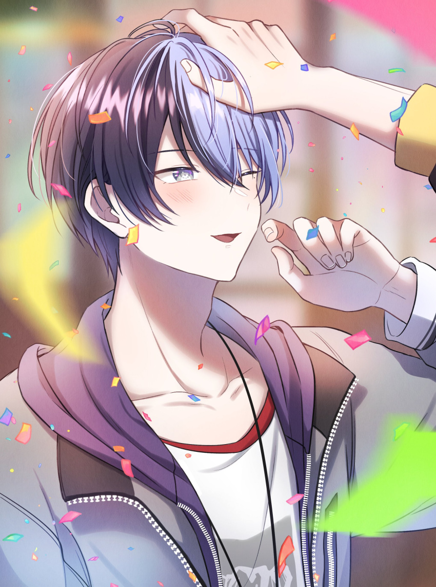 2boys absurdres aoyagi_touya blue_eyes blue_hair blurry blurry_background blush commentary_request confetti dark_blue_hair fingernails hand_on_another's_head hand_up headpat highres jacket jewelry long_sleeves looking_at_another male_focus multicolored_hair multiple_boys necklace nozu63 one_eye_closed open_clothes open_jacket open_mouth out_of_frame project_sekai shinonome_akito short_hair split-color_hair two-tone_hair upper_body