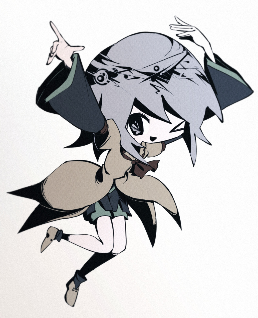 &gt;_o 1other androgynous ascot atoymk black_socks brown_ascot brown_coat brown_footwear coat film_grain green_shorts green_trim grey_eyes grey_hair highres houlen_yabusame layered_sleeves len'en long_sleeves no_nose one_eye_closed open_mouth other_focus short_hair short_over_long_sleeves short_sleeves shorts simple_background smile socks solo white_background