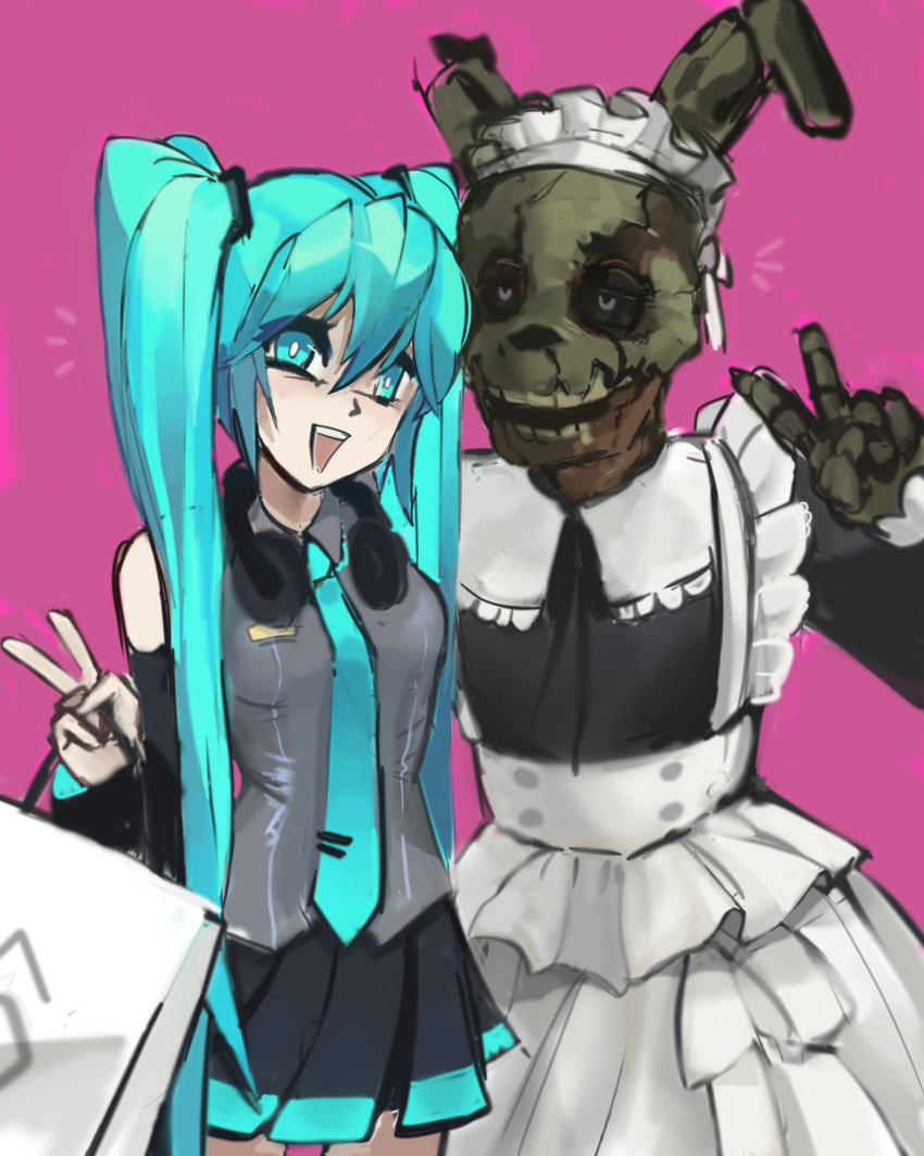 1boy 1girl absurdres animal_ears animal_nose bag bare_shoulders black_dress black_headphones black_skirt black_sleeves blue_eyes blue_hair blue_necktie colored_skin crossover detached_sleeves dress five_nights_at_freddy's frills green_skin grey_shirt hatsune_miku headphones headphones_around_neck highres holding holding_bag long_hair long_sleeves looking_to_the_side low_twintails maid maid_headdress multicolored_clothes multicolored_skirt necktie open_mouth pale_skin pink_background pleated_skirt rabbit_ears shirt simple_background skirt smile springtrap teeth twintails upper_teeth_only v very_long_hair vocaloid white_bag