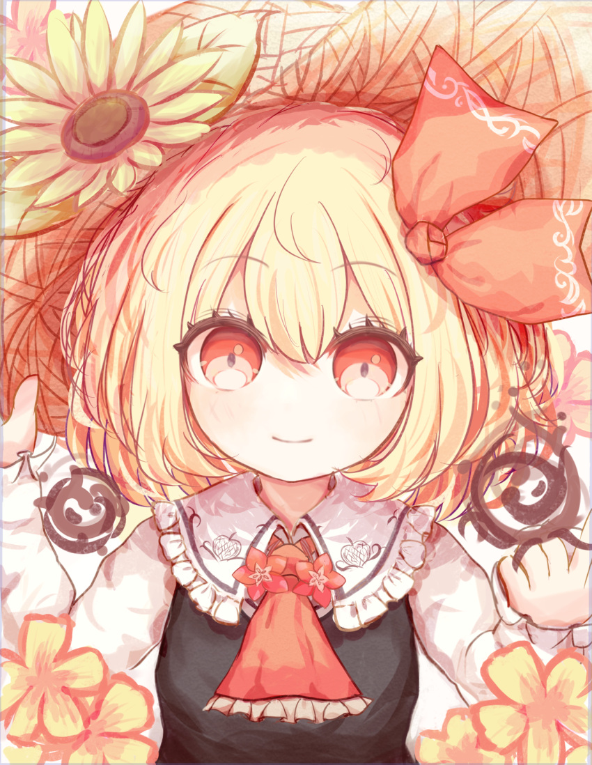 1girl ascot blonde_hair closed_mouth commentary_request flower hair_ribbon highres long_sleeves looking_at_viewer red_ascot red_eyes red_ribbon ribbon ro.ro rumia short_hair smile solo touhou upper_body yellow_flower