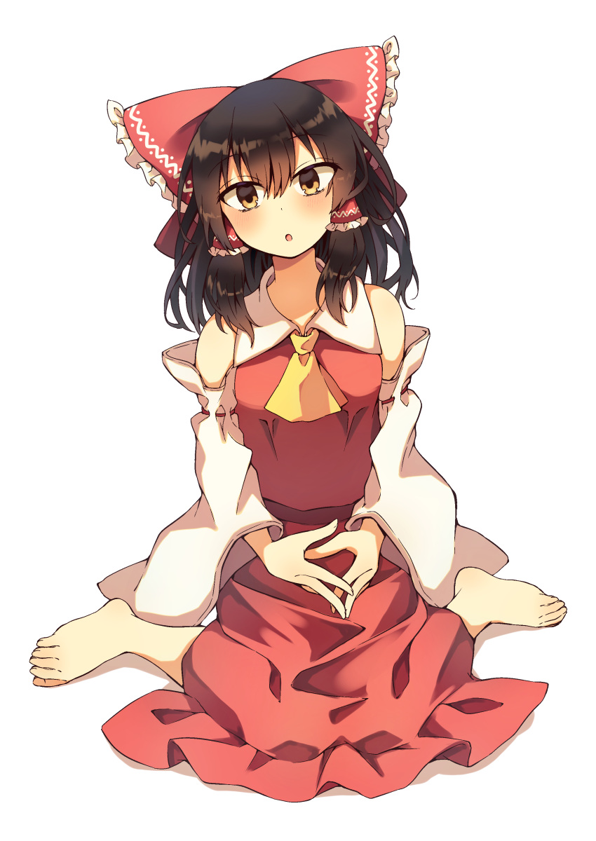 1girl absurdres ascot bare_shoulders barefoot bow brown_eyes brown_hair collared_shirt detached_sleeves frilled_bow frilled_hair_tubes frilled_skirt frills hair_between_eyes hair_bow hair_tubes hakurei_reimu highres leaning_to_the_side light_blush looking_at_viewer medium_hair open_mouth print_bow red_bow red_shirt red_skirt ribbon-trimmed_sleeves ribbon_trim seika_okawari shirt shoulder_blush sidelocks simple_background sitting skirt skirt_set sleeveless sleeveless_shirt solo touhou wariza white_background white_sleeves wide_sleeves yellow_ascot