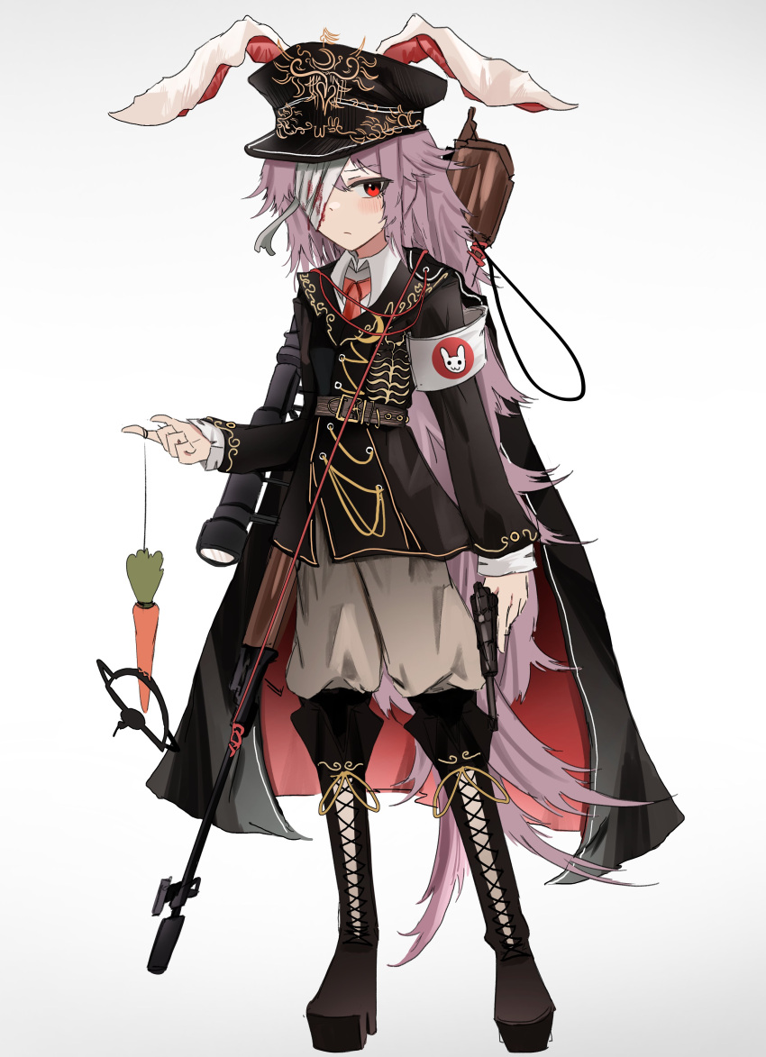 1girl absurdres alternate_costume animal_ears bandage_over_one_eye black_cape black_footwear black_headwear blood cape carrot closed_mouth commentary cross-laced_footwear english_commentary gun hat highres holding holding_gun holding_weapon long_hair long_sleeves looking_at_viewer military_uniform ougiikun peaked_cap purple_hair rabbit_ears rabbit_girl red_eyes reisen_udongein_inaba solo touhou uniform weapon