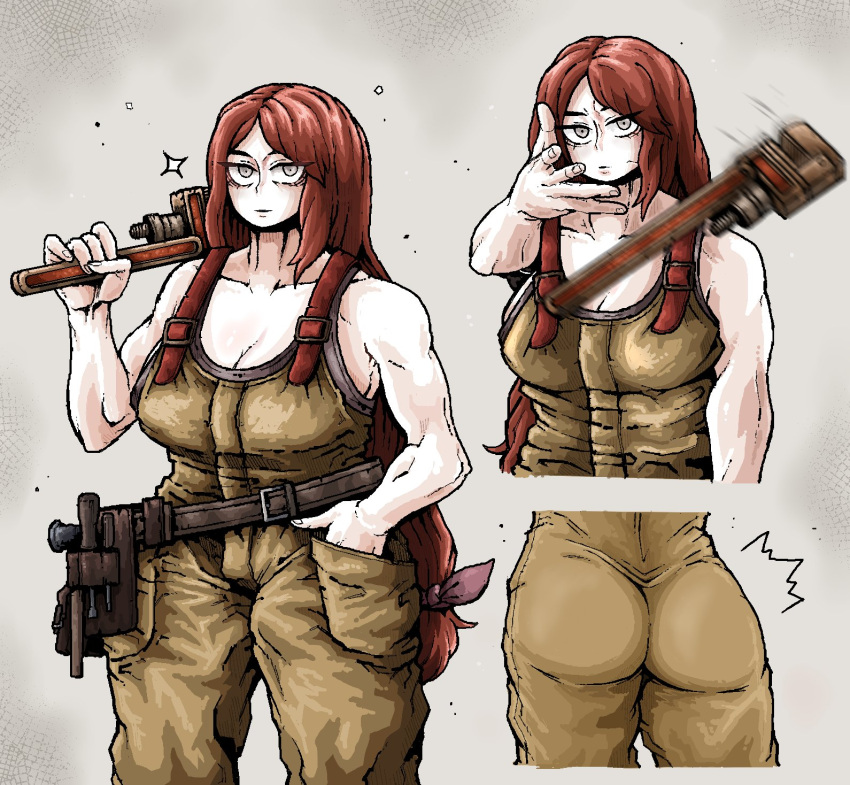 ass bare_shoulders breasts ekfh4rnrqkq eminem_throwing_a_fat_rat_(meme) grey_eyes highres large_breasts long_hair looking_at_viewer meme muscular muscular_female overalls redhead tool_belt wrench