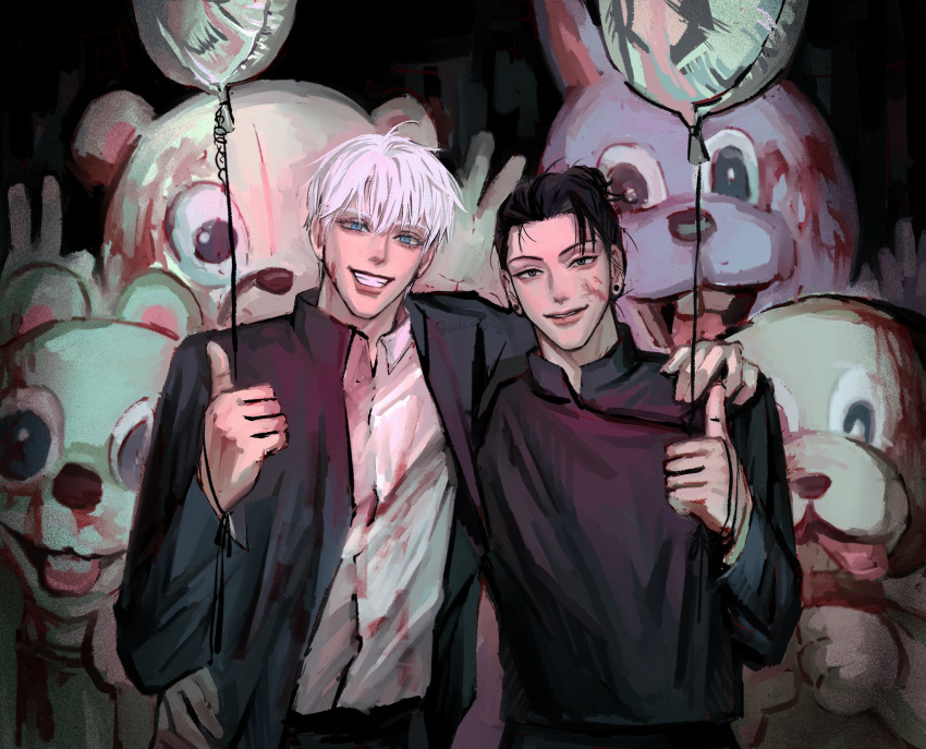 2boys animal_costume balloon black_hair blood blood_on_clothes blood_on_face blue_eyes collared_shirt colored_eyelashes ear_piercing getou_suguru gojou_satoru hair_between_eyes hair_bun hair_slicked_back hand_on_another's_hip hand_on_another's_shoulder highres jujutsu_kaisen looking_at_viewer male_focus multiple_boys nada_ge piercing school_uniform shirt smile thumbs_up upper_body white_hair white_shirt