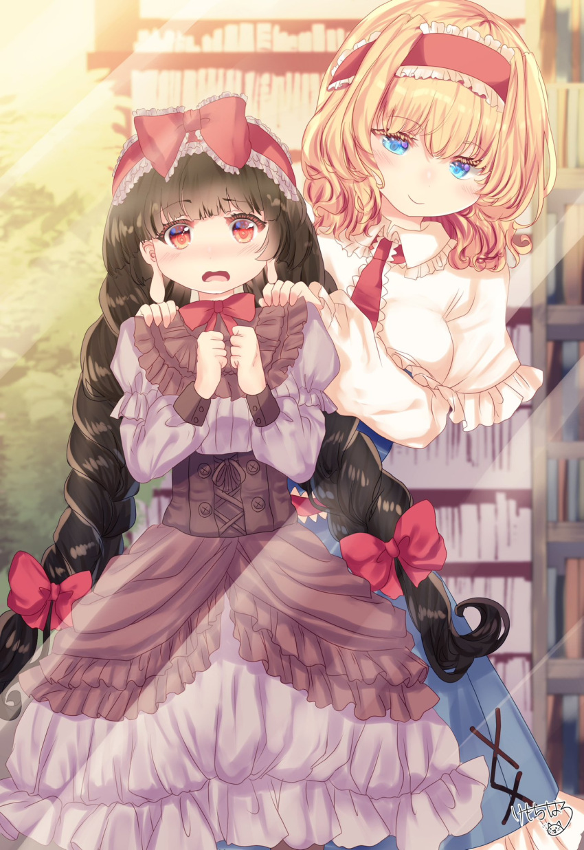 2girls alice_margatroid black_hair blonde_hair blue_dress blue_eyes blush bookshelf bow bowtie braid breasts brown_corset brown_dress capelet corset cowboy_shot dress frilled_capelet frilled_dress frilled_hairband frills grey_dress hair_bow hairband hands_on_another's_shoulders hands_up highres kemo_chiharu long_earlobes long_hair looking_at_viewer medium_breasts multiple_girls open_mouth red_bow red_bowtie red_eyes red_hairband short_hair signature smile touhou twin_braids two-tone_dress white_capelet yatadera_narumi