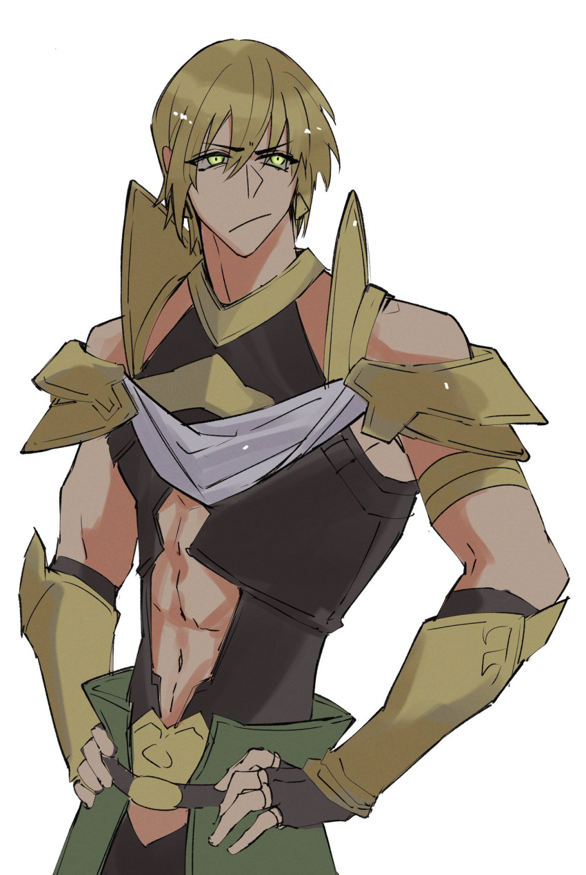 1boy abs armor blonde_hair closed_mouth clothing_cutout cowboy_shot earrings fate/grand_order fate_(series) fingerless_gloves gloves hands_on_own_hips haruakira highres jason_(fate) jewelry looking_to_the_side male_focus navel_cutout short_hair simple_background solo toned toned_male vambraces white_background yellow_eyes
