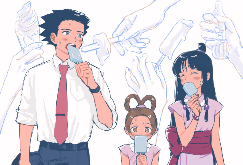 1boy 2girls ace_attorney black_hair blue_pants blunt_bangs blush closed_eyes collared_shirt commentary_request eating facing_another food hair_ornament half_updo hand_up highres holding holding_food holding_popsicle hot ice_cream ice_cream_cone japanese_clothes jewelry kimono long_hair looking_at_another maya_fey melting multiple_girls necklace obi pants parted_bangs pearl_fey phoenix_wright pink_kimono pink_sash popsicle renshu_usodayo sash shirt short_hair short_kimono short_sleeves sidelocks sleeves_rolled_up smile spiky_hair sweatdrop white_background white_shirt