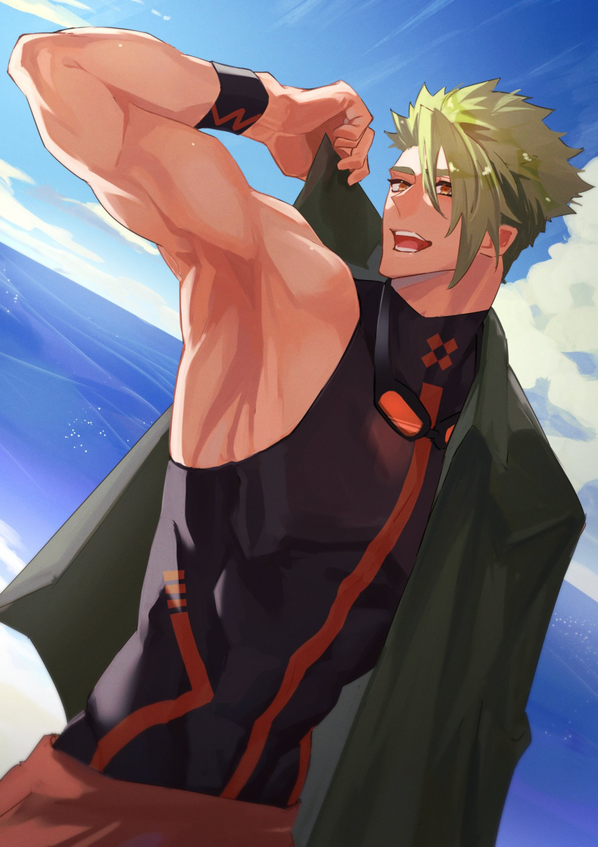 1boy achilles_(fate) achilles_(fearless_diver)_(fate) armpits black_shirt black_wristband blue_sky brown_eyes clouds dutch_angle fate/grand_order fate_(series) goggles goggles_around_neck green_hair green_jacket hair_between_eyes haruakira highres jacket male_focus muscular muscular_male open_mouth orange_pants outdoors pants shirt short_hair sky sleeveless sleeveless_shirt solo teeth undercut