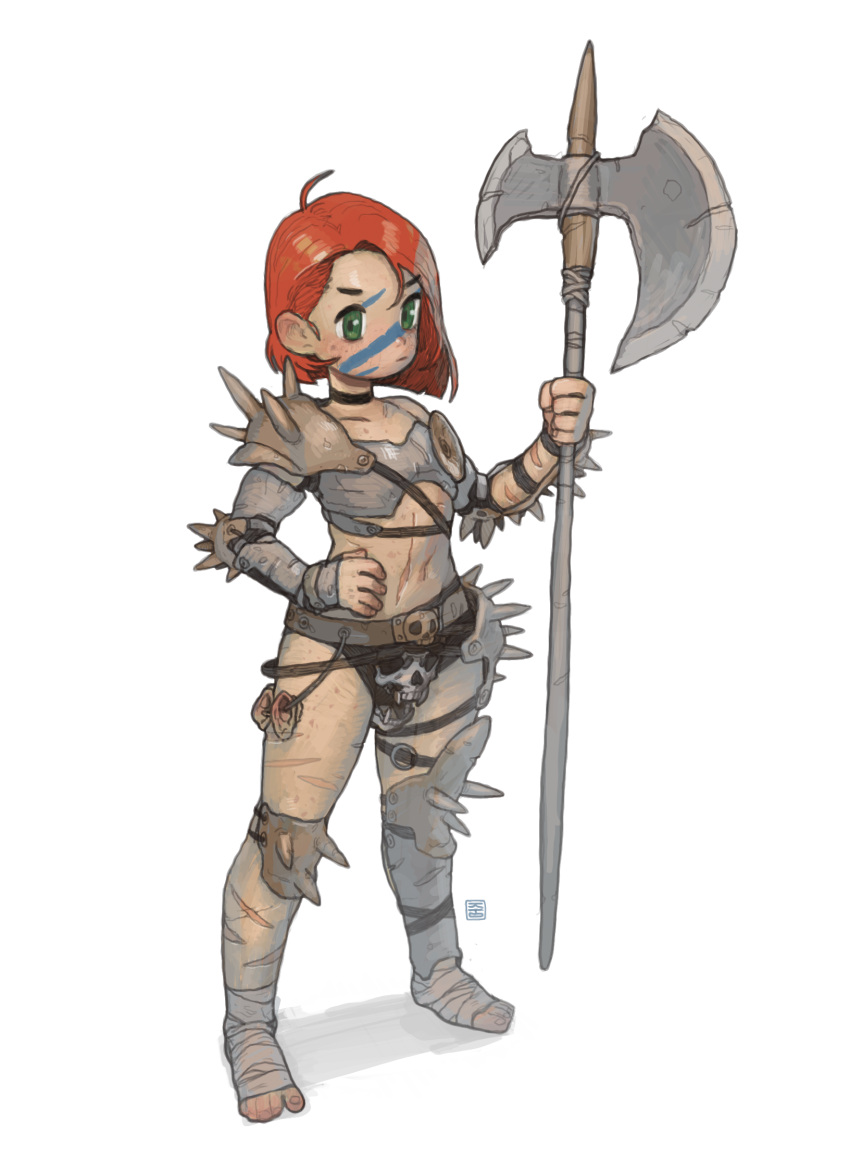 1girl armor axe battle_axe closed_mouth full_body green_eyes hand_on_own_hip highres holding holding_axe holding_weapon looking_at_viewer opossumachine original polearm redhead short_hair simple_background standing warrior warrior_(final_fantasy) weapon white_background