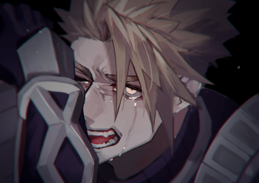 1boy achilles_(fate) armor bags_under_eyes black_background brown_hair chromatic_aberration crying crying_with_eyes_open fate_(series) haruakira highres light_particles male_focus open_mouth short_hair streaming_tears tears teeth undercut upper_body wiping_tears