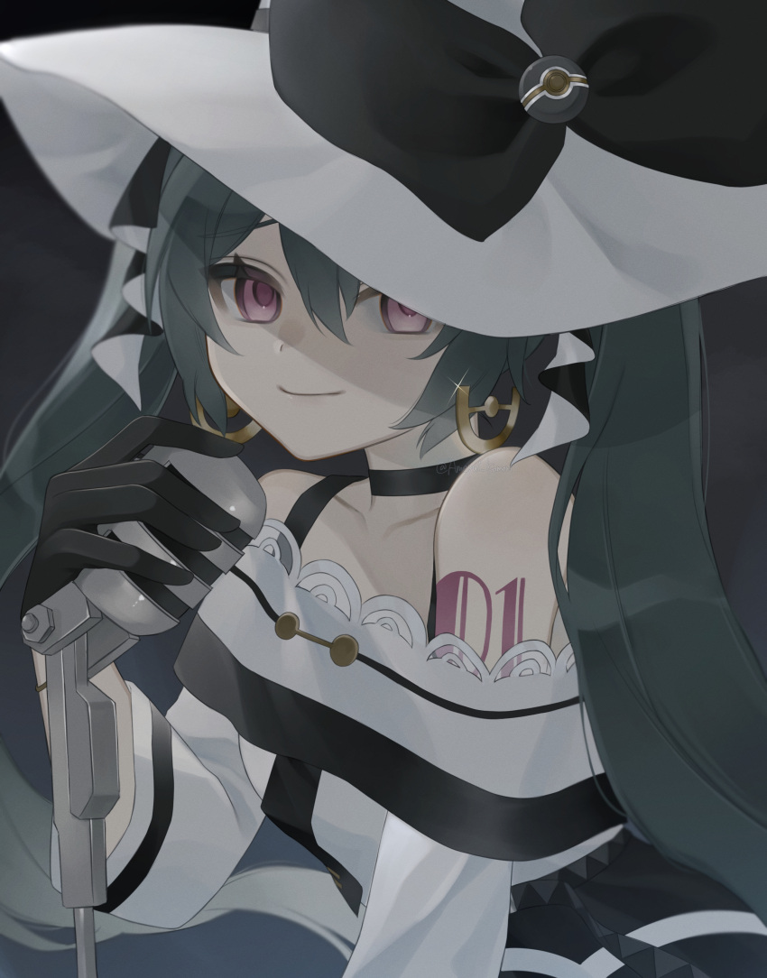 absurdres ameyui_komori bare_shoulders black_bow black_choker bow choker dark_miku_(project_voltage) earrings green_hair hair_between_eyes hat hat_bow hatsune_miku highres jewelry looking_at_viewer luxury_ball microphone off_shoulder poke_ball pokemon project_voltage red_eyes smile sparkle twintails vocaloid