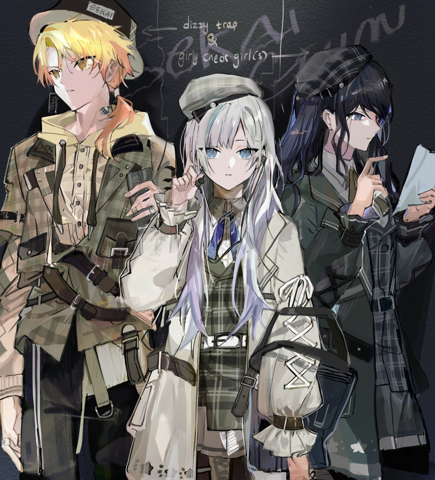 1boy 2girls blonde_hair blue_eyes blue_ribbon brown_jacket bucket_hat buttons closed_mouth coat cross-laced_clothes cross-laced_sleeves dizzy_trap_(project_sekai) dress girly_check_girl_(project_sekai) hat highres hood hoodie hoshino_ichika_(project_sekai) jacket long_hair long_sleeves looking_at_viewer low_ponytail multiple_girls neck_ribbon plaid plaid_dress project_sekai puffy_long_sleeves puffy_sleeves pyongtaro ribbon tenma_tsukasa very_long_hair white_coat yellow_eyes yellow_hoodie yoisaki_kanade