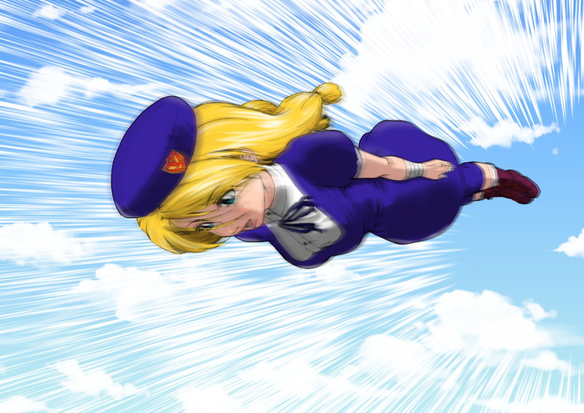 1girl bandages beret blonde_hair blue_eyes comedy edmond_honda flying gameplay_mechanics hat highres long_hair mahha_warabi open_mouth parody shijou_hinako solo street_fighter sumo the_king_of_fighters twintails