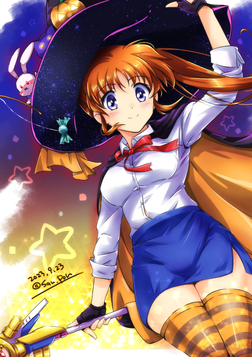 1girl 2023 black_gloves blue_skirt breasts brown_hair closed_mouth collared_shirt dated dress_shirt fingerless_gloves floating_hair from_below gloves halloween halloween_costume hat highres long_hair lyrical_nanoha mahou_shoujo_lyrical_nanoha_strikers medium_breasts miniskirt neck_ribbon orange_thighhighs pencil_skirt purple_headwear red_ribbon ribbon san-pon shirt side_ponytail side_slit skirt sleeves_rolled_up smile solo standing striped striped_thighhighs stuffed_animal stuffed_rabbit stuffed_toy takamachi_nanoha thigh-highs twitter_username violet_eyes white_shirt wing_collar witch_hat zettai_ryouiki