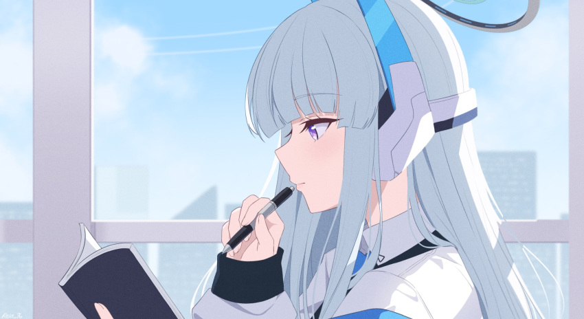 1girl blue_archive closed_mouth from_side grey_hair halo highres holding holding_pen jacket long_hair long_sleeves mechanical_halo noa_(blue_archive) pen profile reia_76 solo two-sided_fabric two-sided_jacket violet_eyes