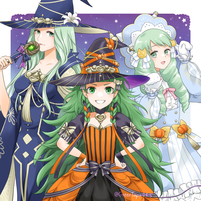 3girls absurdres animal_hands blue_dress blunt_bangs candy_hair_ornament cat_hair_ornament cat_paws dress drill_hair fire_emblem fire_emblem:_three_houses fire_emblem_heroes flayn_(fire_emblem) flayn_(halloween)_(fire_emblem) food-themed_hair_ornament gloves green_eyes green_hair hair_ornament hands_on_own_hips hat highres holding holding_staff long_hair long_sleeves looking_at_viewer midori_no_baku mother_and_daughter multiple_girls orange_dress paw_pose puffy_sleeves rhea_(fire_emblem) rhea_(halloween)_(fire_emblem) smile sothis_(fire_emblem) sothis_(halloween)_(fire_emblem) staff star_(symbol) teeth twin_drills twitter_username very_long_hair white_dress white_gloves wide_sleeves witch_hat