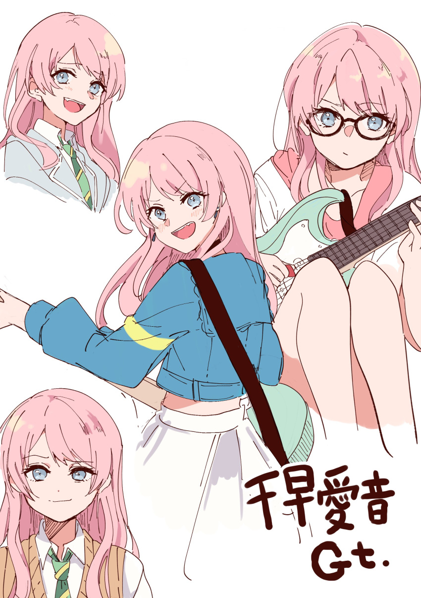 1girl :d absurdres bang_dream! bang_dream!_it's_mygo!!!!! black-framed_eyewear blue_eyes blue_shirt chihaya_anon closed_mouth collared_shirt cropped_legs cropped_torso diagonal-striped_necktie electric_guitar glasses green_necktie grey_jacket guitar highres holding holding_instrument hood hood_down hoodie instrument jacket knees_up long_hair long_sleeves multiple_views necktie pink_hair puffy_long_sleeves puffy_sleeves school_uniform shirt simple_background sitting skirt smile sweater_vest translation_request watameki_(pixiv_33969409) white_background white_hoodie white_shirt white_skirt