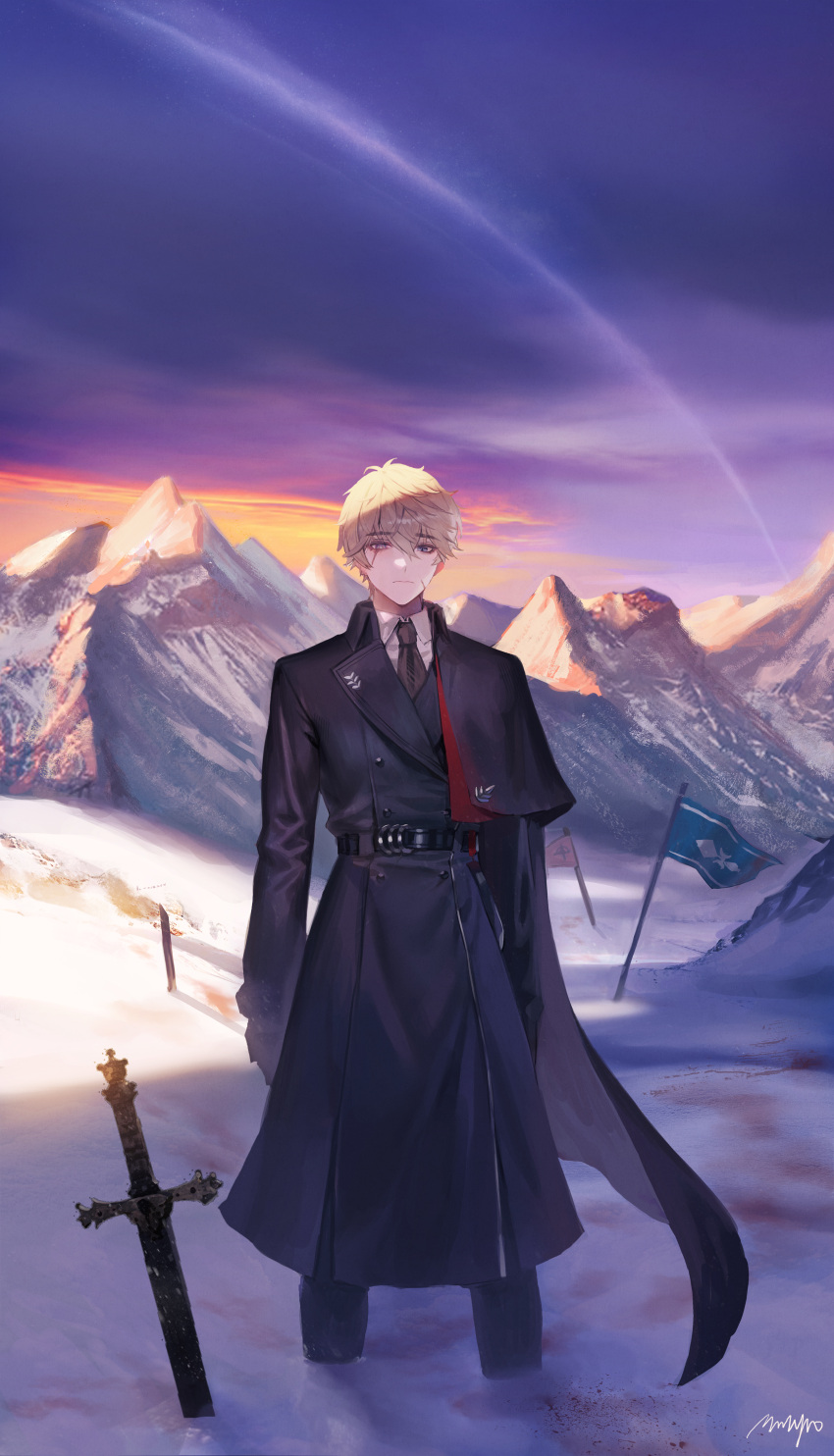 1boy absurdres belt black_belt black_coat black_necktie blonde_hair blood closed_mouth coat collared_shirt flag hair_between_eyes highres long_coat looking_at_viewer male_focus mmlyno mountain necktie original outdoors partially_blind scar scar_across_eye shirt short_hair side_cape signature snow solo sunset sword weapon white_shirt