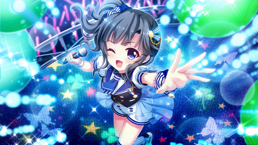 1girl arm_up audience black_hair black_vest blue_eyes blue_necktie blue_scrunchie blue_skirt blue_socks bug butterfly clover concert crowd dot_nose dress film_grain from_above game_cg glowstick hair_ornament hair_scrunchie holding holding_microphone idol idol_clothes itsumura_yukari izumi_tsubasu kneehighs lens_flare looking_at_viewer medal microphone necktie non-web_source official_art one_eye_closed open_mouth orb re:stage! scrunchie see-through see-through_skirt shoes short_hair showgirl_skirt side_ponytail sidelocks skirt smile socks solo sparkle stage standing standing_on_one_leg star_(symbol) two-tone_scrunchie vest white_dress white_footwear white_scrunchie white_wristband wrist_scrunchie