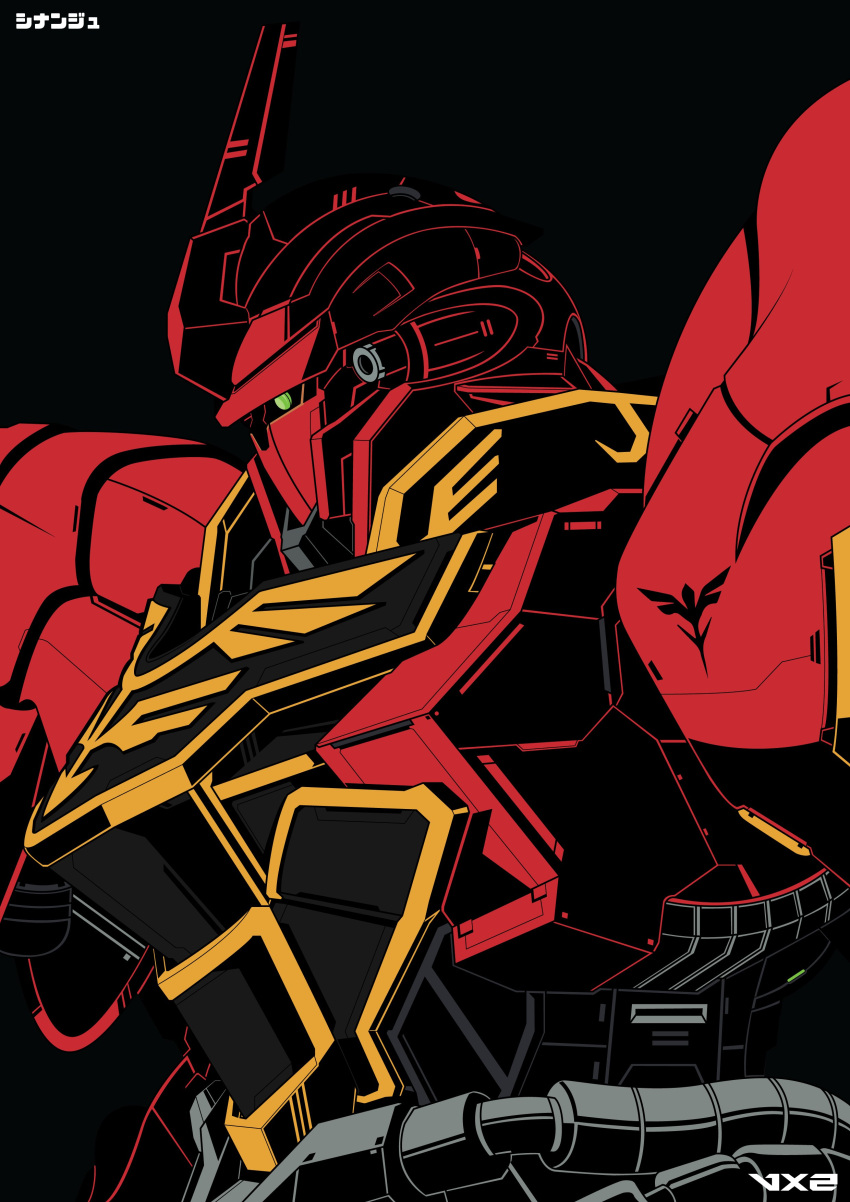 absurdres black_background commentary english_commentary green_eyes gundam gundam_unicorn highres horns insignia looking_ahead mecha mobile_suit neo_zeon no_humans one-eyed robot science_fiction simple_background sinanju single_horn upper_body voxiela