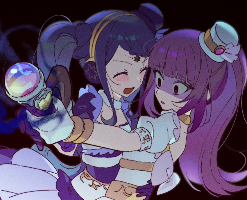 2girls :d aura black_background blue_dress blue_headwear blunt_bangs blush closed_eyes constricted_pupils dark_aura despair dress facing_another fur_collar galala_s_leep gloves haepali hanazono_shuuka hand_on_another's_back hat headphones holding holding_microphone idol_time_pripara long_hair microphone mini_hat mini_top_hat multiple_girls open_mouth outstretched_arm ponytail pretty_(series) pripara purple_gloves shaded_face smile top_hat twintails violet_eyes white_dress white_gloves white_headwear